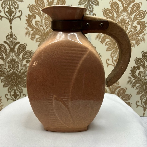 Red Wing Other - RED WING POTTERY Vintage Carafe Jug Pink Glaze Ceramic Pitcher Wood Handle